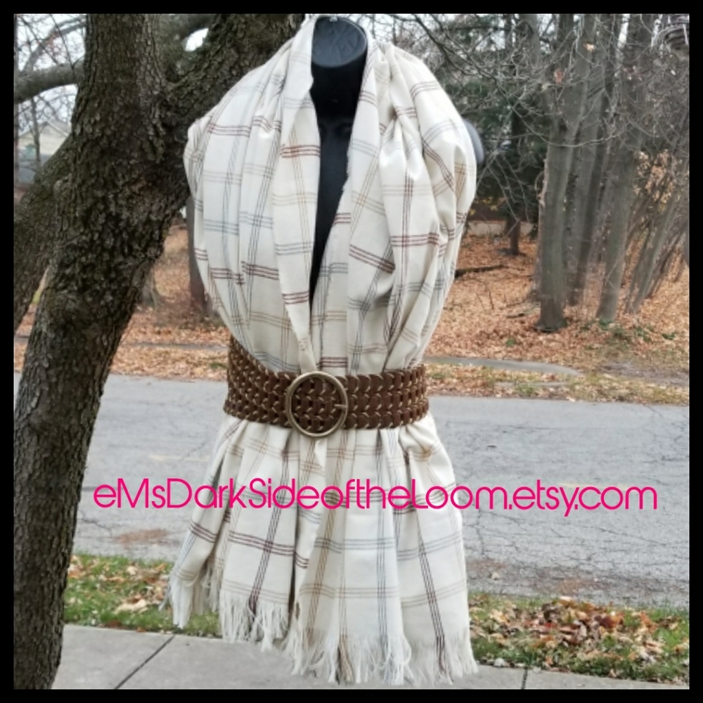 Cream Tattersall Plaid Blanket Scarf
